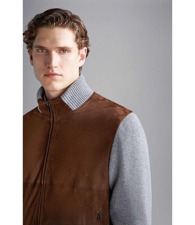 Paul & Shark Vest met Rits, Bruin Suede, Antraciet Wol Cashmere Combinatie