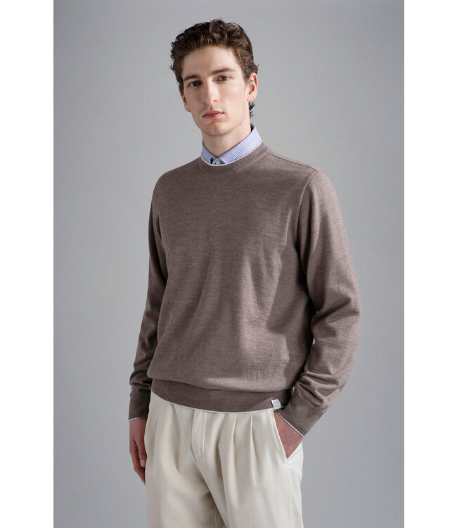 Paul & Shark Trui, Ronde Hals, 4-Seizoenen, Merino Wol, Riviera Line, Beige