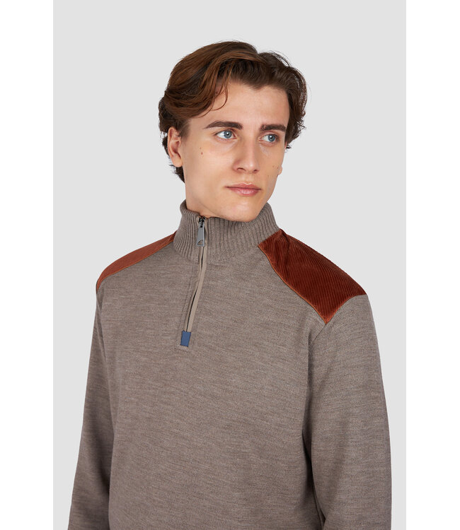 Paul & Shark Trui, Half-Zip, Wol, Bruin, Ribcord Details Burnt Orange