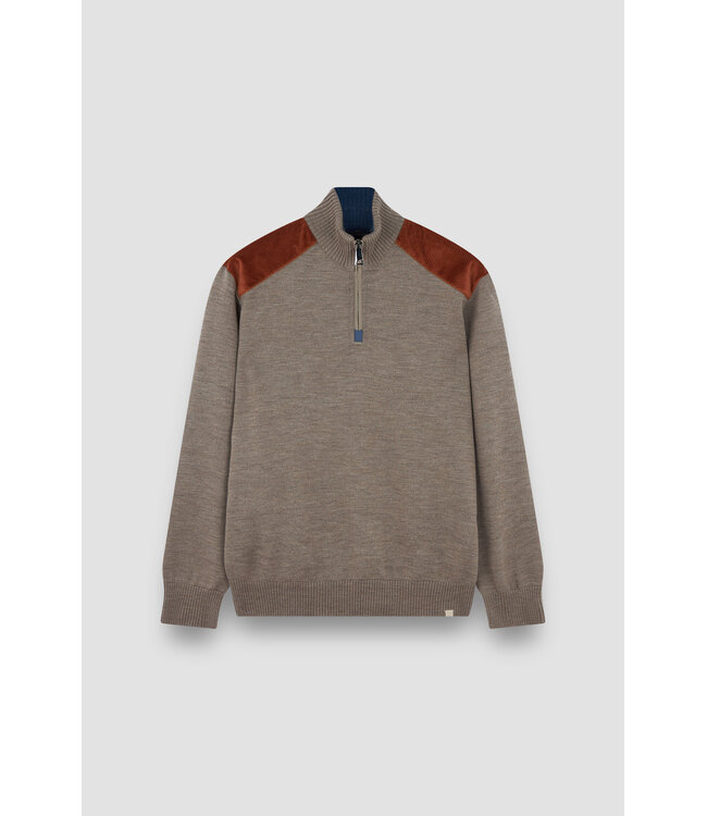 Paul & Shark Trui, Half-Zip, Wol, Bruin, Ribcord Details Burnt Orange