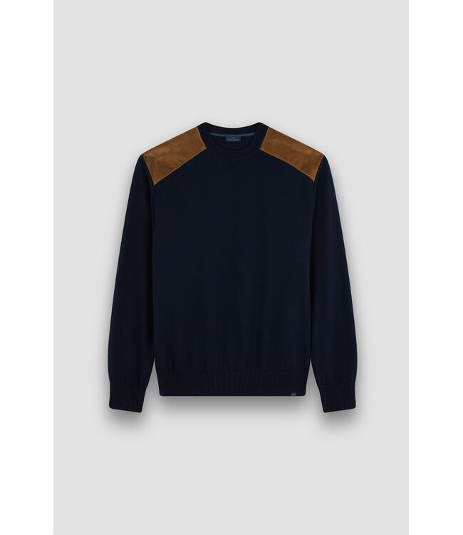 Paul & Shark Trui, Ronde Hals, Wol, Donkerblauw, Ribcord Details Okergeel