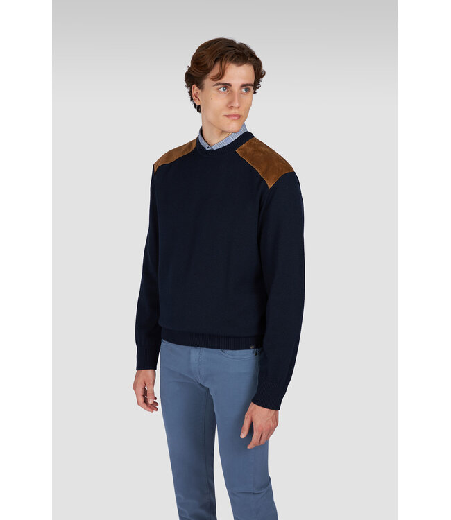 Paul & Shark Trui, Ronde Hals, Wol, Donkerblauw, Ribcord Details Okergeel