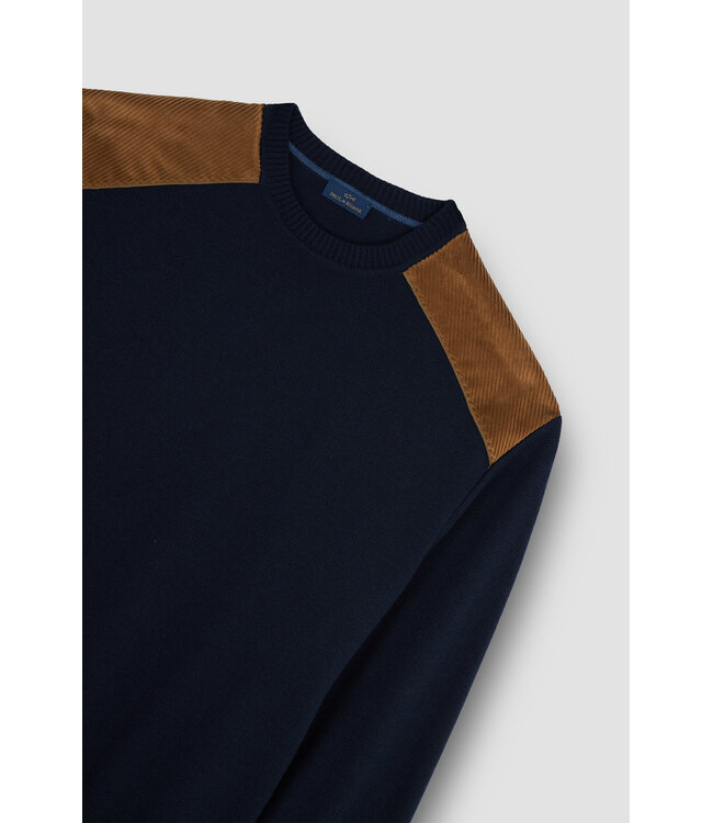 Paul & Shark Trui, Ronde Hals, Wol, Donkerblauw, Ribcord Details Okergeel