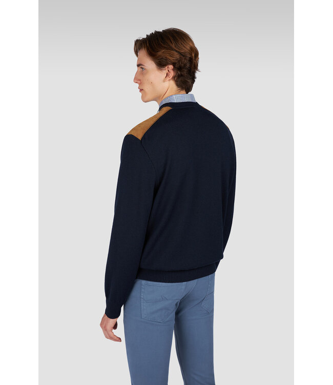 Paul & Shark Trui, Ronde Hals, Wol, Donkerblauw, Ribcord Details Okergeel