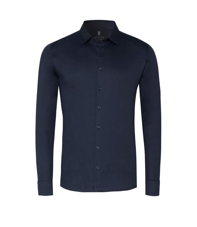 Desoto Heren, Jersey Overhemd, Lange Mouw, Kent Kraag, Donkerblauw Piqué