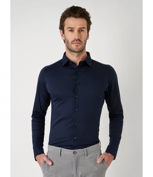 Desoto Heren, Jersey Overhemd, Lange Mouw, Kent Kraag, Donkerblauw Piqué