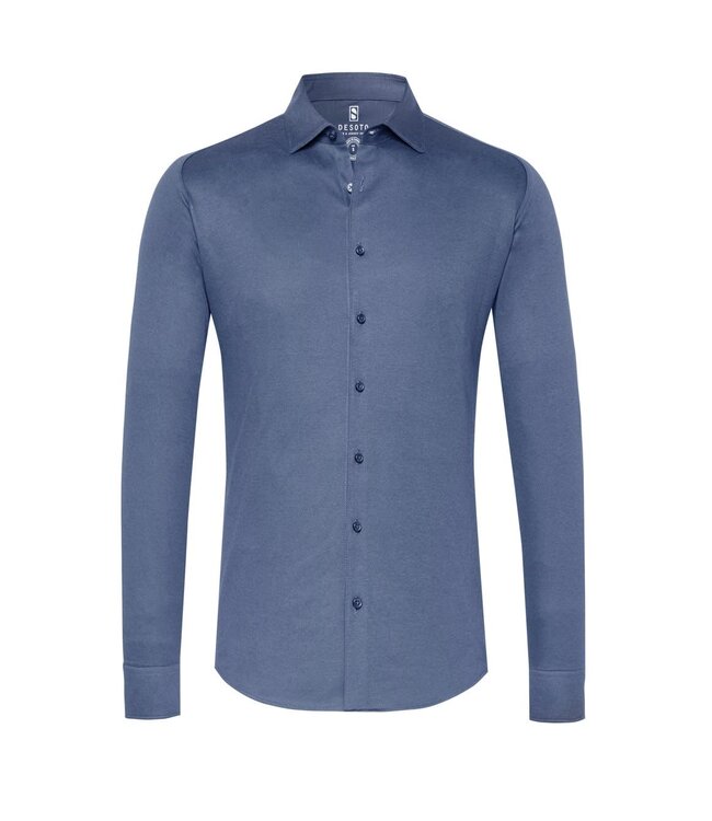 Desoto Heren Overhemd Lange Mouw, Jeansblauw Pique, Kent Kraag