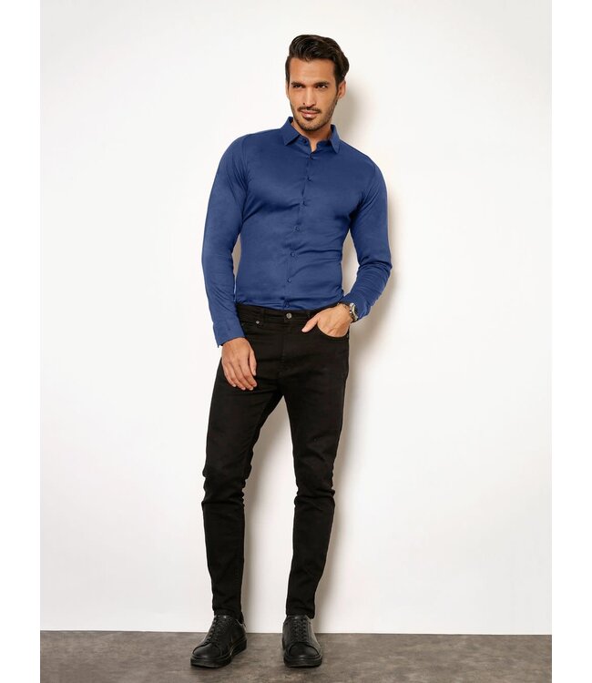 Desoto Heren Overhemd Lange Mouw, Jeansblauw Pique, Kent Kraag