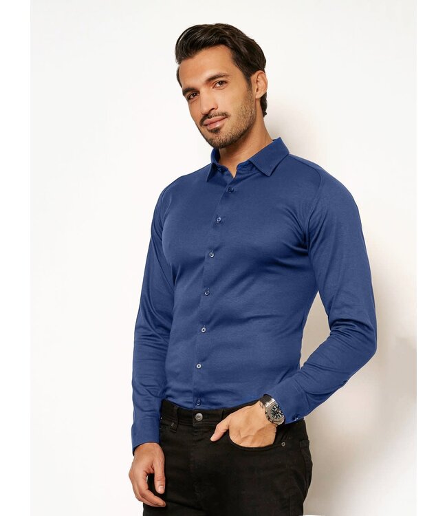 Desoto Heren Overhemd Lange Mouw, Jeansblauw Pique, Kent Kraag