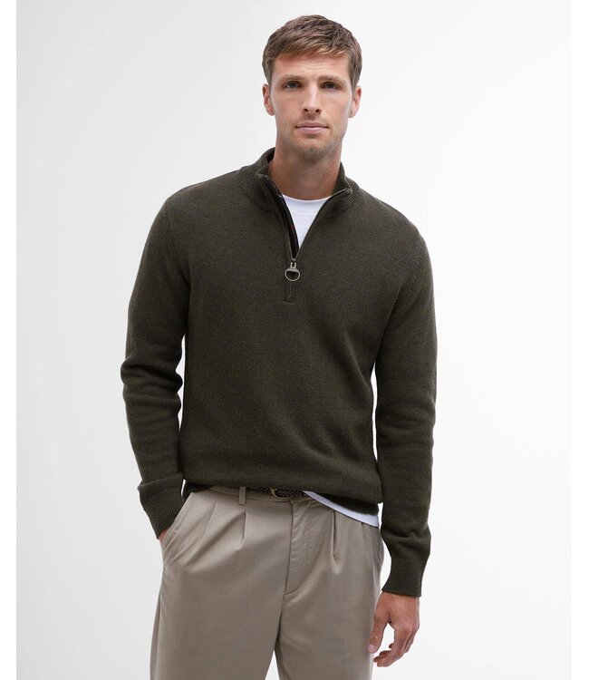Barbour Trui, Half-Zip, Groen Gemeleerd, Tartan Accenten