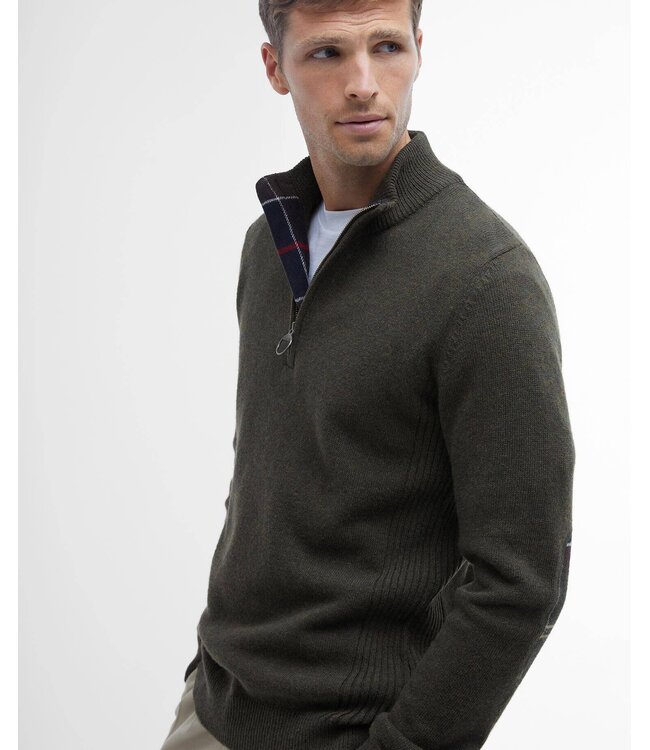 Barbour Trui, Half-Zip, Groen Gemeleerd, Tartan Accenten