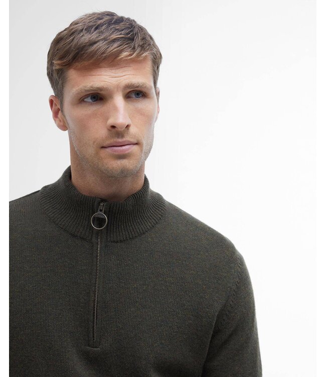 Barbour Trui, Half-Zip, Groen Gemeleerd, Tartan Accenten