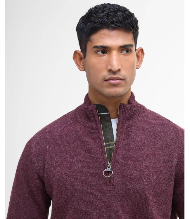 Barbour Trui, Half-Zip, Bordeaux Rood Gemeleerd, Tartan Accenten