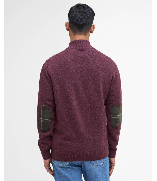 Barbour Trui, Half-Zip, Bordeaux Rood Gemeleerd, Tartan Accenten