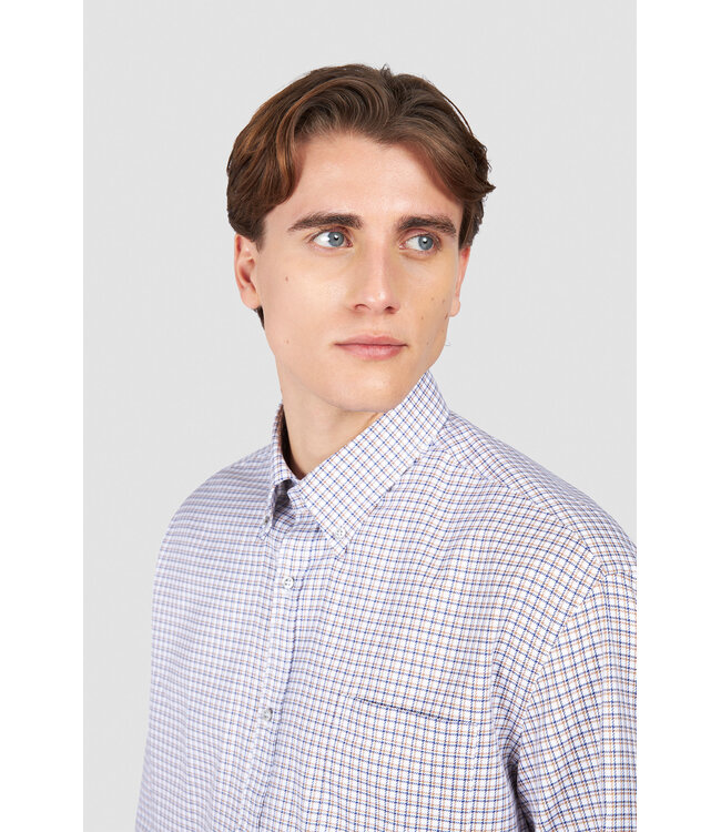 Paul & Shark Overhemd, Wit, Blauw, Okergeel, Geruit,  Easy Care