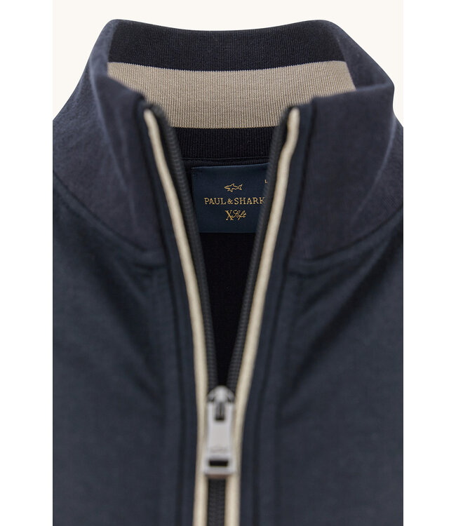 Paul & Shark Sweat Vest met Rits, X-Soft Katoen, Donkerblauw, Beige Accenten