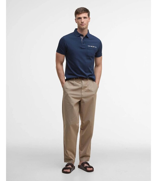 Barbour Polo, Korte Mouw, Interlock Katoen, Donkerblauw met Tartan Accenten