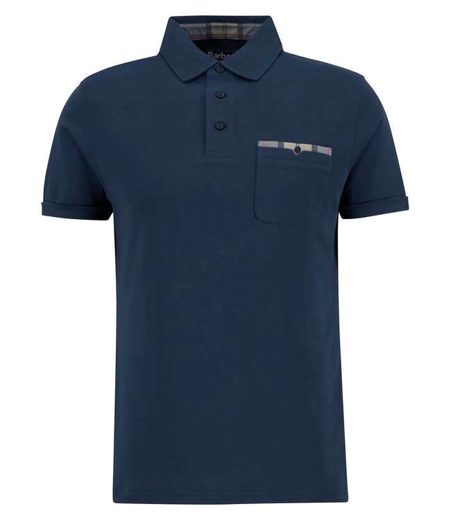 Barbour Polo, Korte Mouw, Interlock Katoen, Donkerblauw met Tartan Accenten