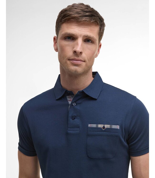 Barbour Polo, Korte Mouw, Interlock Katoen, Donkerblauw met Tartan Accenten