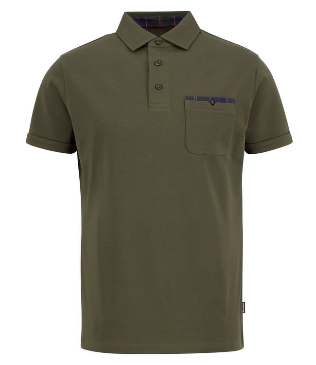 Barbour Polo, Korte Mouw, Interlock Katoen, Olijfgroen met Tartan Accenten
