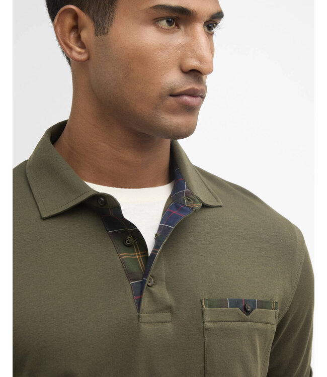 Barbour Polo, Korte Mouw, Interlock Katoen, Olijfgroen met Tartan Accenten