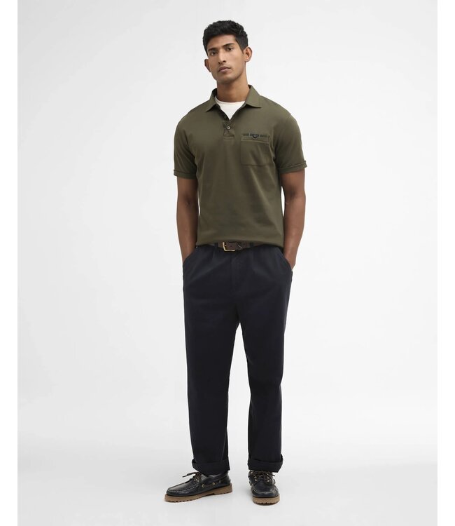 Barbour Polo, Korte Mouw, Interlock Katoen, Olijfgroen met Tartan Accenten