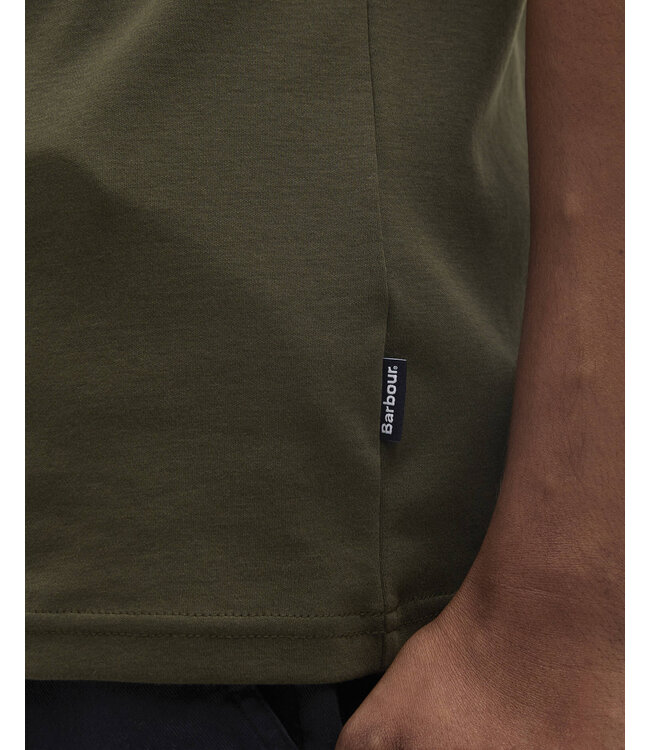 Barbour Polo, Korte Mouw, Interlock Katoen, Olijfgroen met Tartan Accenten