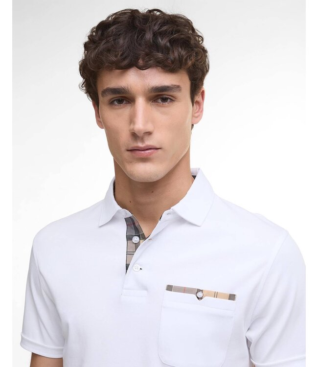 Barbour  Polo, Korte Mouw, Interlock Katoen, Wit met Tartan Accenten