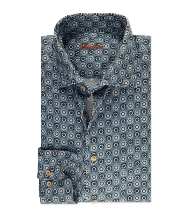 Stenstroms Overhemd, Katoen, Diverse Tinten Blauw Met Bruin Patroon, Lange Mouw, Slimline