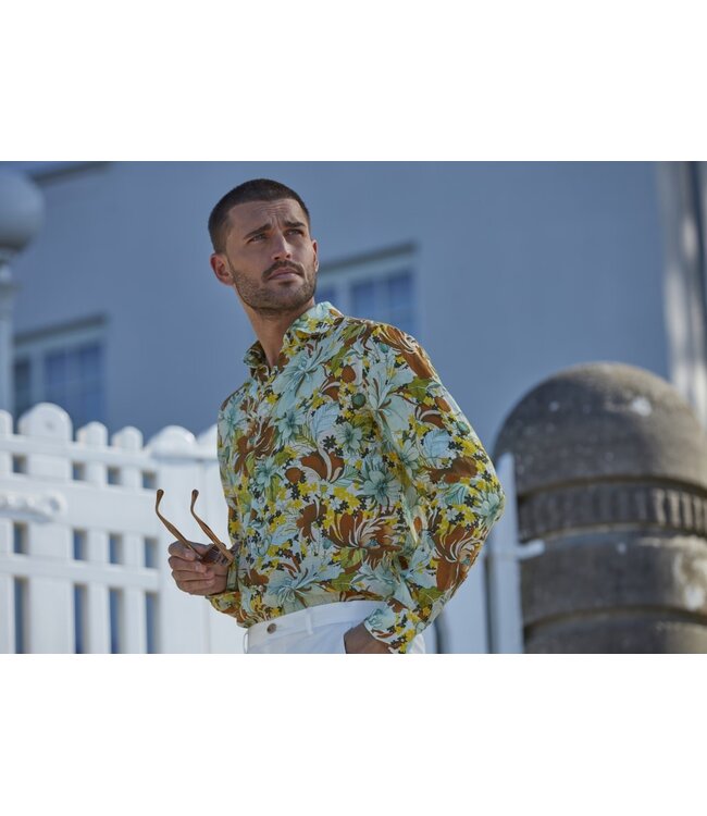 Stenstroms Linnen Overhemd, Diverse Bloemprints Bruin/Geel/Mintgroen, Lange Mouw, New Slimline