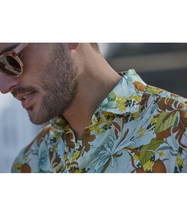 Stenstroms Linnen Overhemd, Diverse Bloemprints Bruin/Geel/Mintgroen, Lange Mouw, New Slimline
