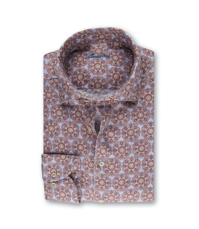 Stenstroms Overhemd, Linnen, Slimline, Lichtblauw, Beige, Rood Patroon