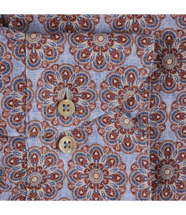 Stenstroms Overhemd, Linnen, Slimline, Lichtblauw, Beige, Rood Patroon