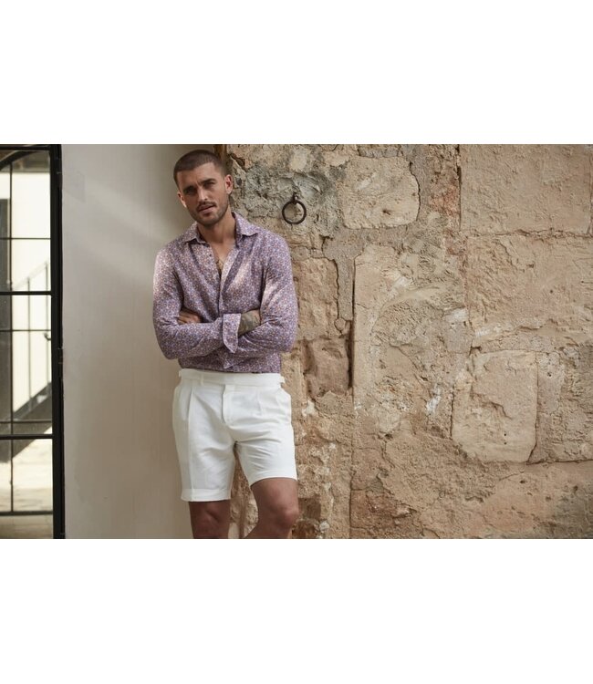 Stenstroms Overhemd, Linnen, Slimline, Lichtblauw, Beige, Rood Patroon