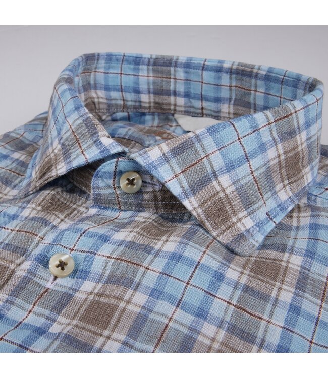 Stenstroms Overhemd, Lange Mouw, Linnen, Geruit, Aqua Blauw, Beige, Wit, Slimline
