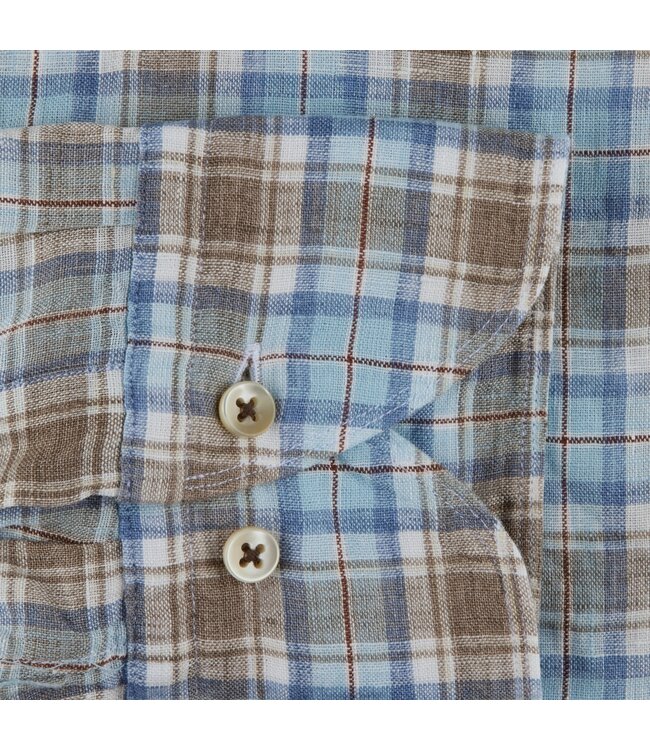 Stenstroms Overhemd, Lange Mouw, Linnen, Geruit, Aqua Blauw, Beige, Wit, Slimline