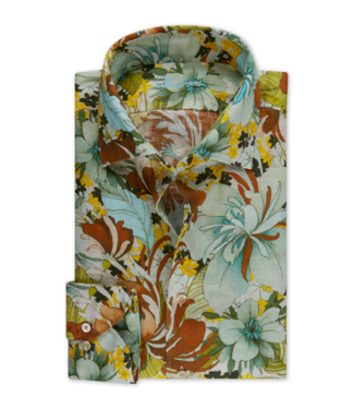 Stenstroms Stenstroms, Linnen Overhemd, Diverse Bloemprints Bruin/Geel/Mintgroen, Lange Mouw, New Slimline