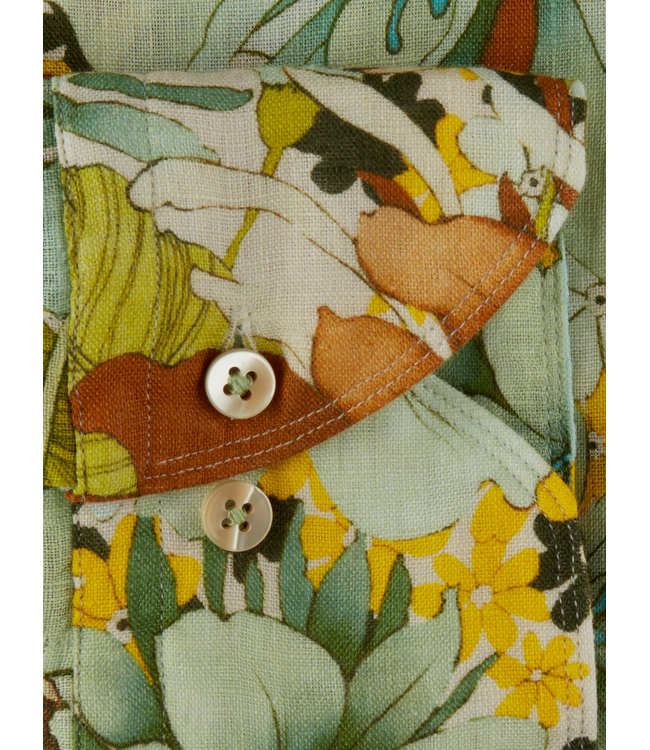Stenstroms Linnen Overhemd, Diverse Bloemprints Bruin/Geel/Mintgroen, Lange Mouw, New Slimline