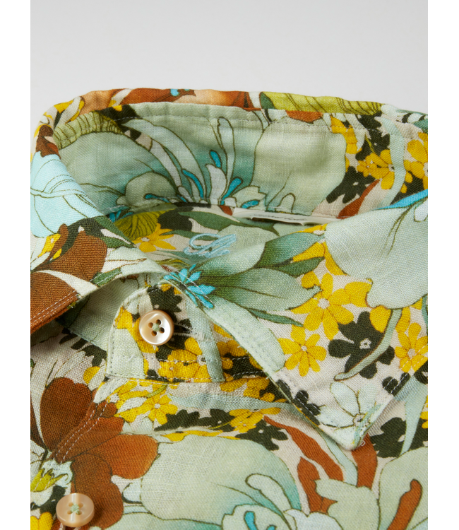Stenstroms Linnen Overhemd, Diverse Bloemprints Bruin/Geel/Mintgroen, Lange Mouw, New Slimline