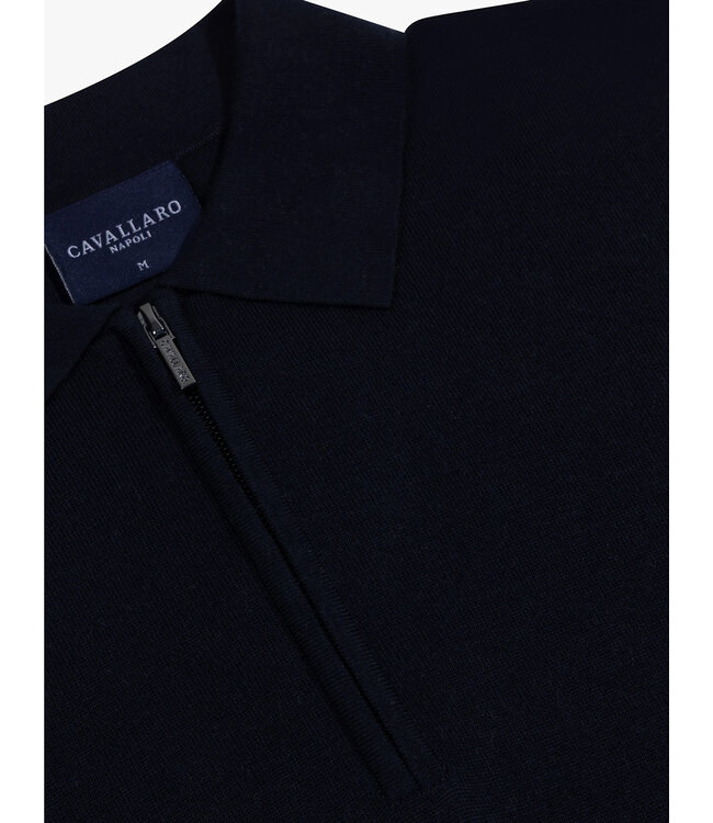 Cavallaro Napoli Zip-Polo, Lange Mouw, Lyocell, Merino Wol, Zijde Blend, Donkerblauw