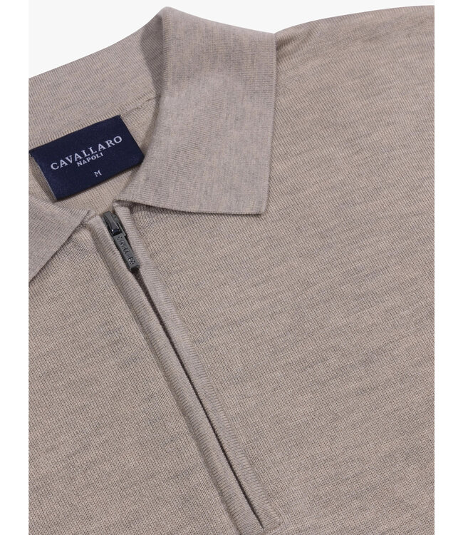 Cavallaro Napoli Zip-Polo, Lange Mouw, Lyocell, Merino Wol, Zijde Blend, Taupe