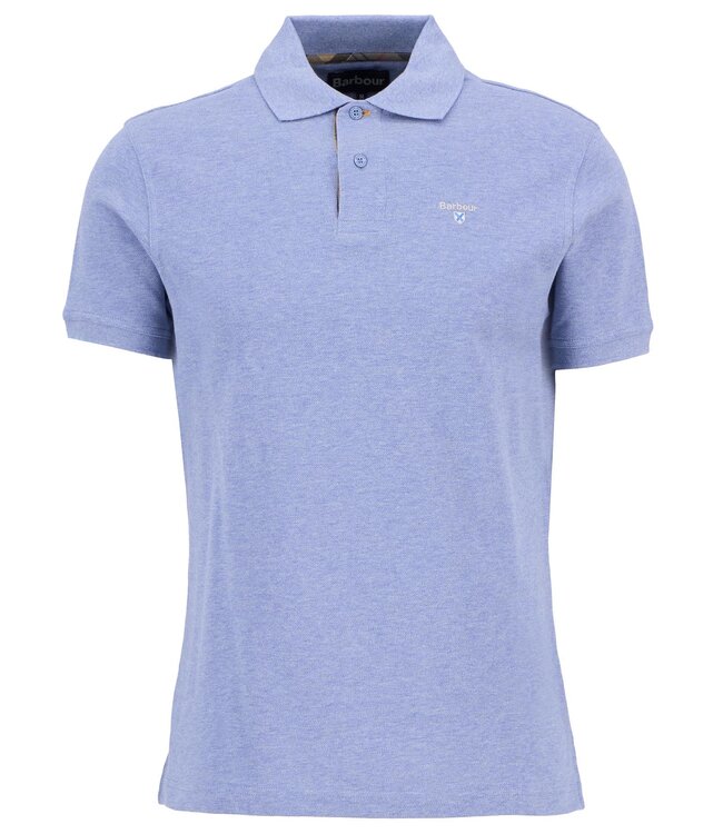 Barbour Polo, Korte Mouw, Pique Katoen, Lichtblauw met Tartan Accenten