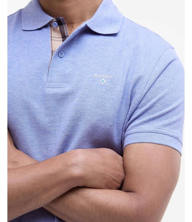 Barbour Polo, Korte Mouw, Pique Katoen, Lichtblauw met Tartan Accenten