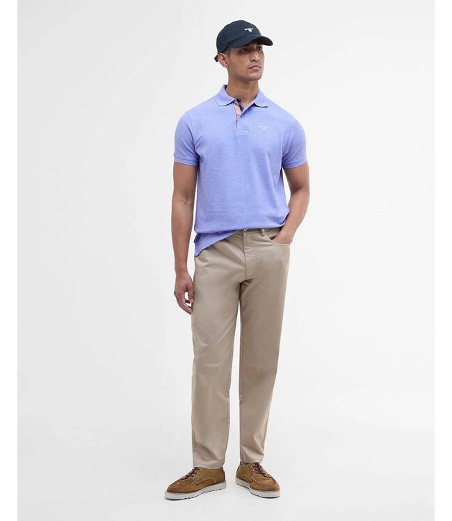 Barbour Polo, Korte Mouw, Pique Katoen, Lichtblauw met Tartan Accenten