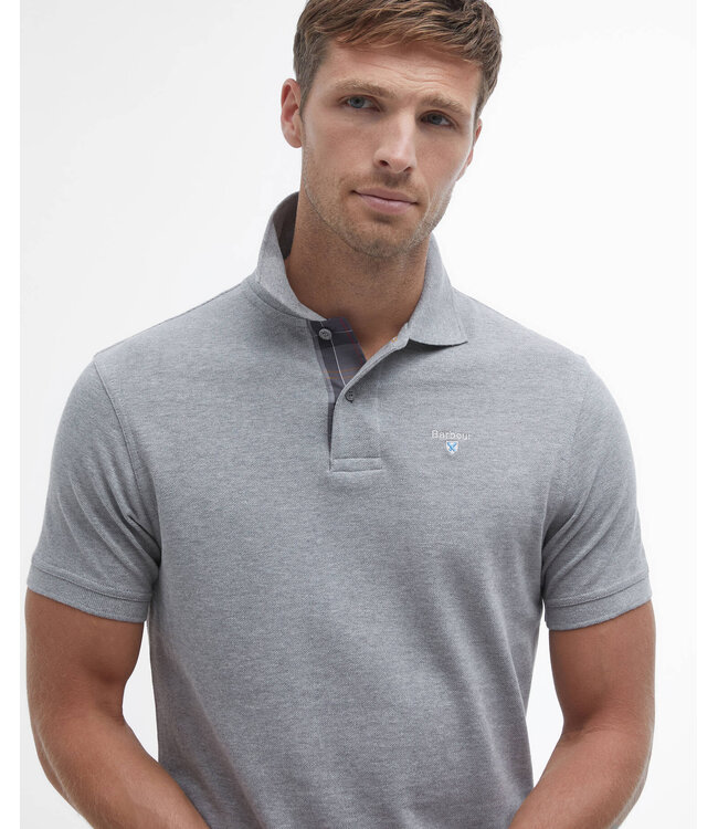 Barbour Polo, Korte Mouw, Pique Katoen, Lichtgrijs met Tartan Accenten