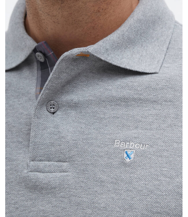 Barbour Polo, Korte Mouw, Pique Katoen, Lichtgrijs met Tartan Accenten