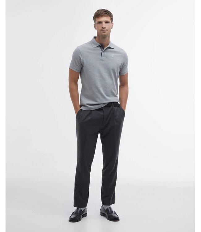 Barbour Polo, Korte Mouw, Pique Katoen, Lichtgrijs met Tartan Accenten