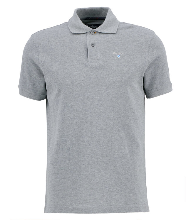 Barbour Polo, Korte Mouw, Pique Katoen, Lichtgrijs met Tartan Accenten