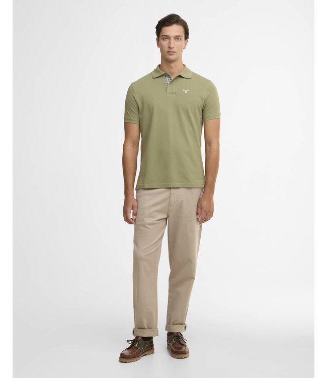 Barbour Polo, Korte Mouw, Pique Katoen, Lichtgroen met Tartan Accenten