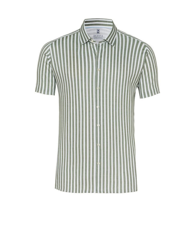 Desoto Jersey Overhemd/Shirt, Korte Mouw, Kent Kraag, Wit / Groen Gestreept